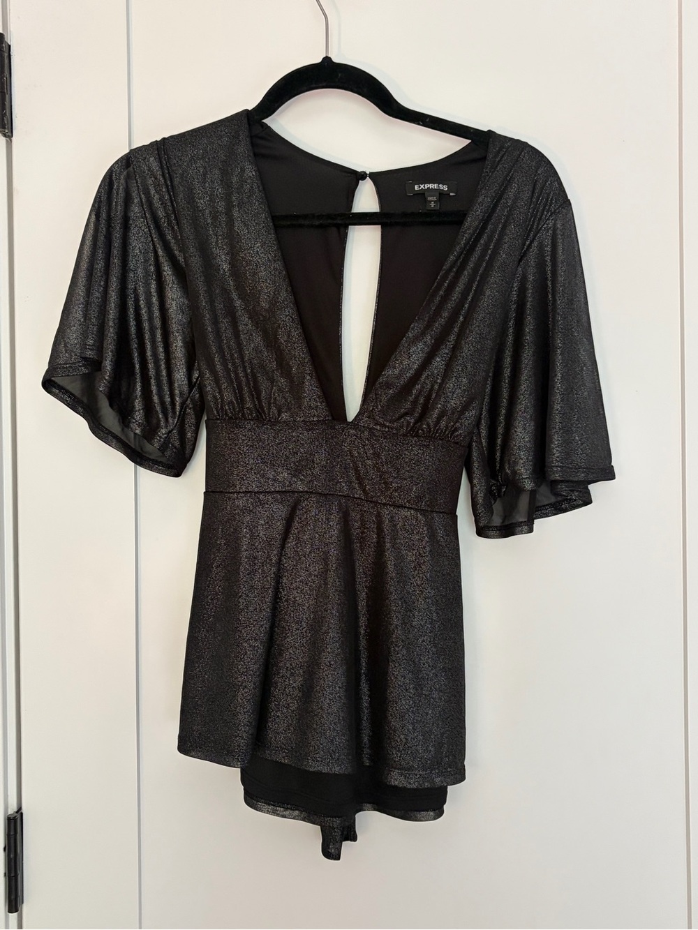 Express Shimmery Black V-Neck Peplum Mini Dress